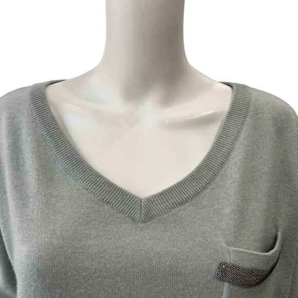 $995 Brunello Cucinelli Sage Teal Cashmere V-Neck Pullover Sweater size Small - Picture 2 of 10